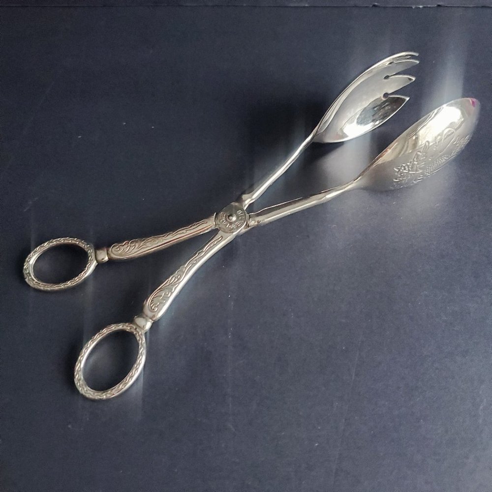 Vintage Silver-plated Tong Set Etched Design Hollywood Regency Classic Victorian